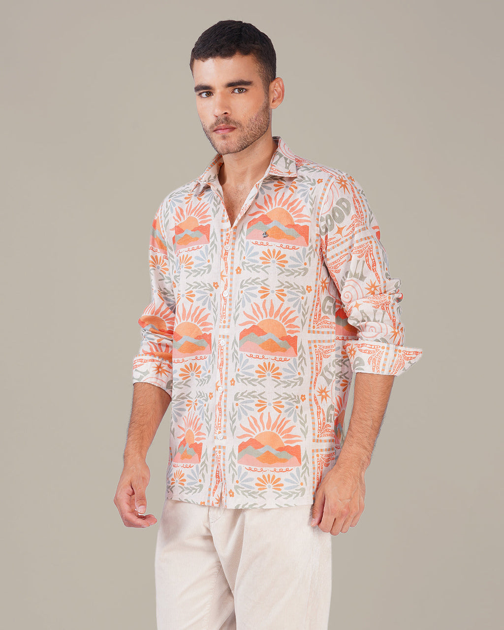 Natural Slub Print Cotton-Blend Button-Up Shirt