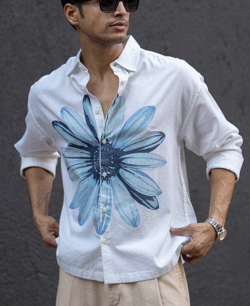 White Printed Boxy Lightweight Shirt 100% Cotton