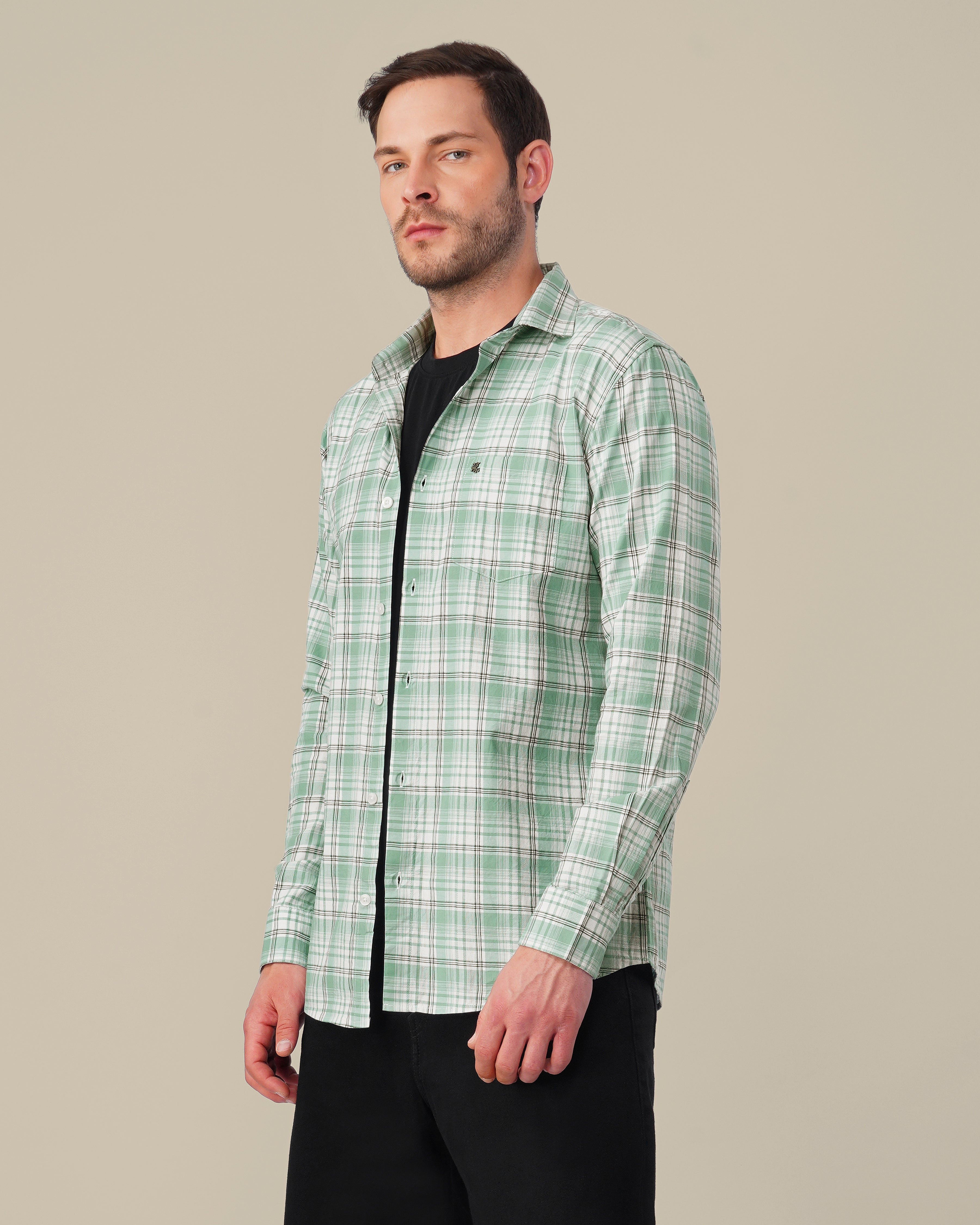 Mint Green Plaid 100% Cotton Slub Dobby Shirt