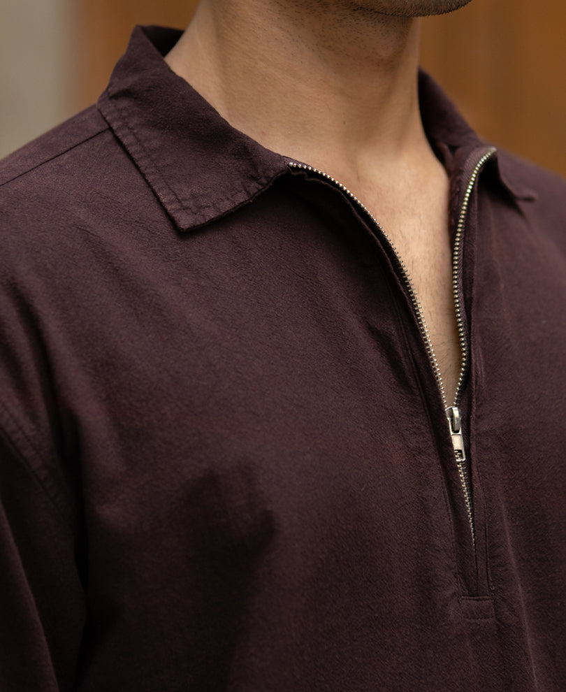 Dark Brown Washed Zipper Shirt 100% Cotton