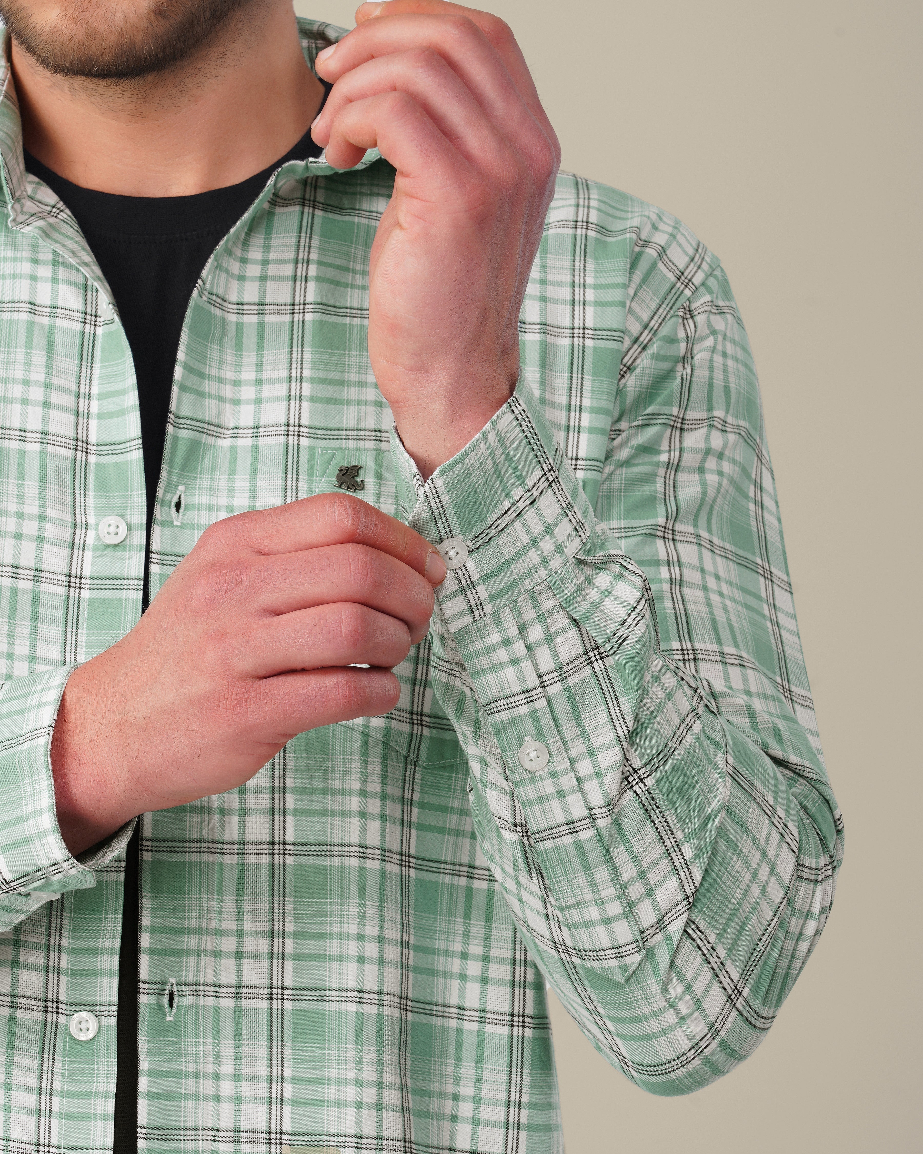 Mint Green Plaid 100% Cotton Slub Dobby Shirt