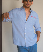 Blue Seersucker Embroidery Stripe Shirt 100% Cotton