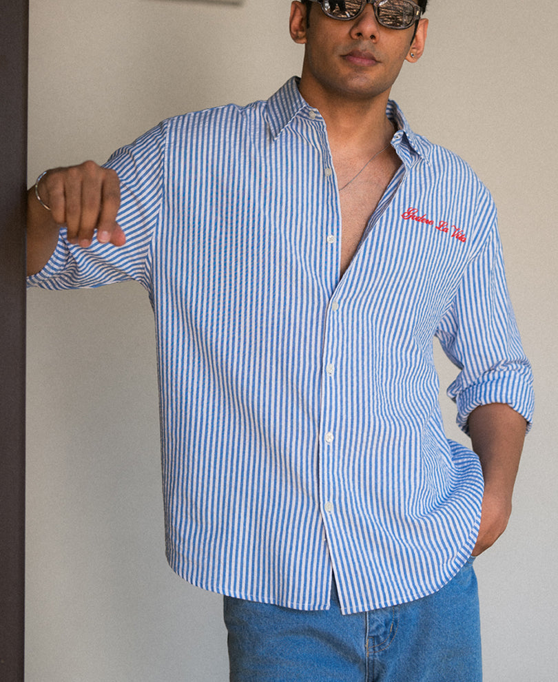 Blue Seersucker Embroidery Stripe Shirt 100% Cotton