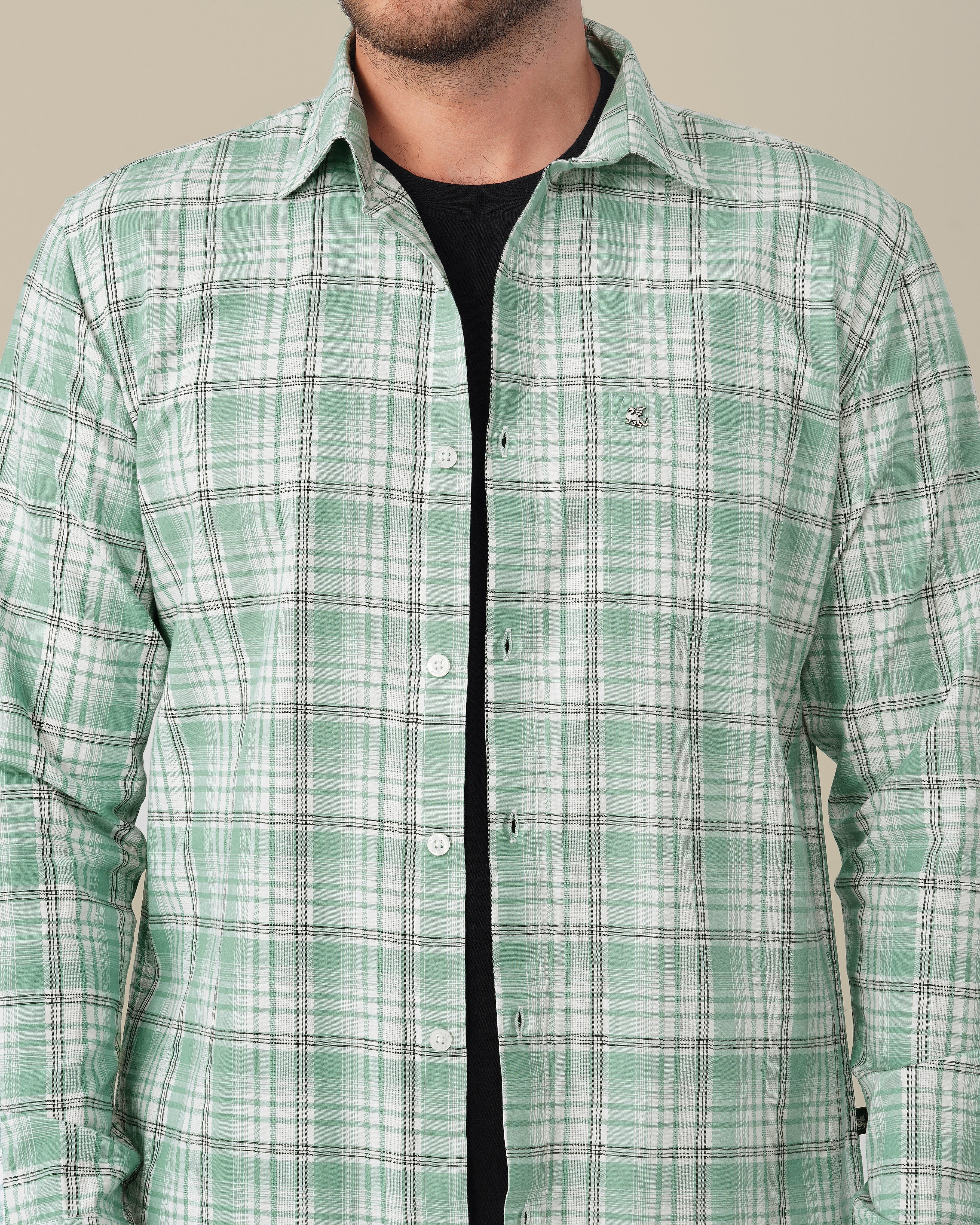 Mint Green Plaid 100% Cotton Slub Dobby Shirt