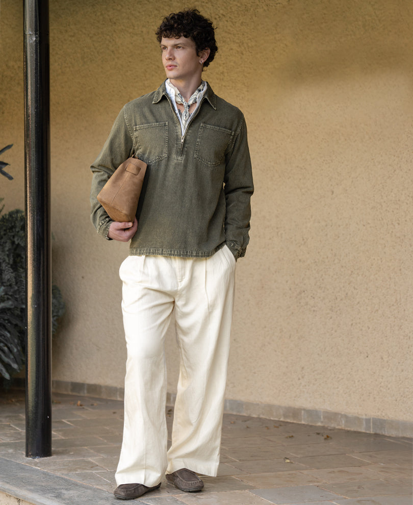Dark Olive Washed Zipper Shirt