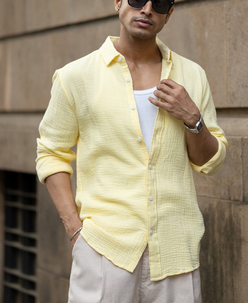 Yellow Crinkled Shirt 100% Cotton