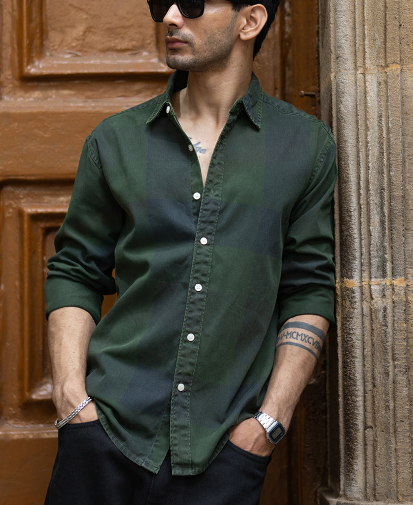 Olive Overdyed Checks Shirt 100% Cotton