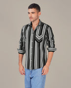 Black and Grey Striped 100% Cotton Slub Weave Shirt