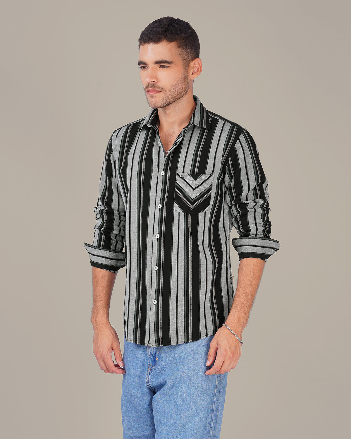 Black and Grey Striped 100% Cotton Slub Weave Shirt