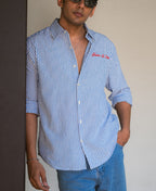 Blue Seersucker Embroidery Stripe Shirt 100% Cotton