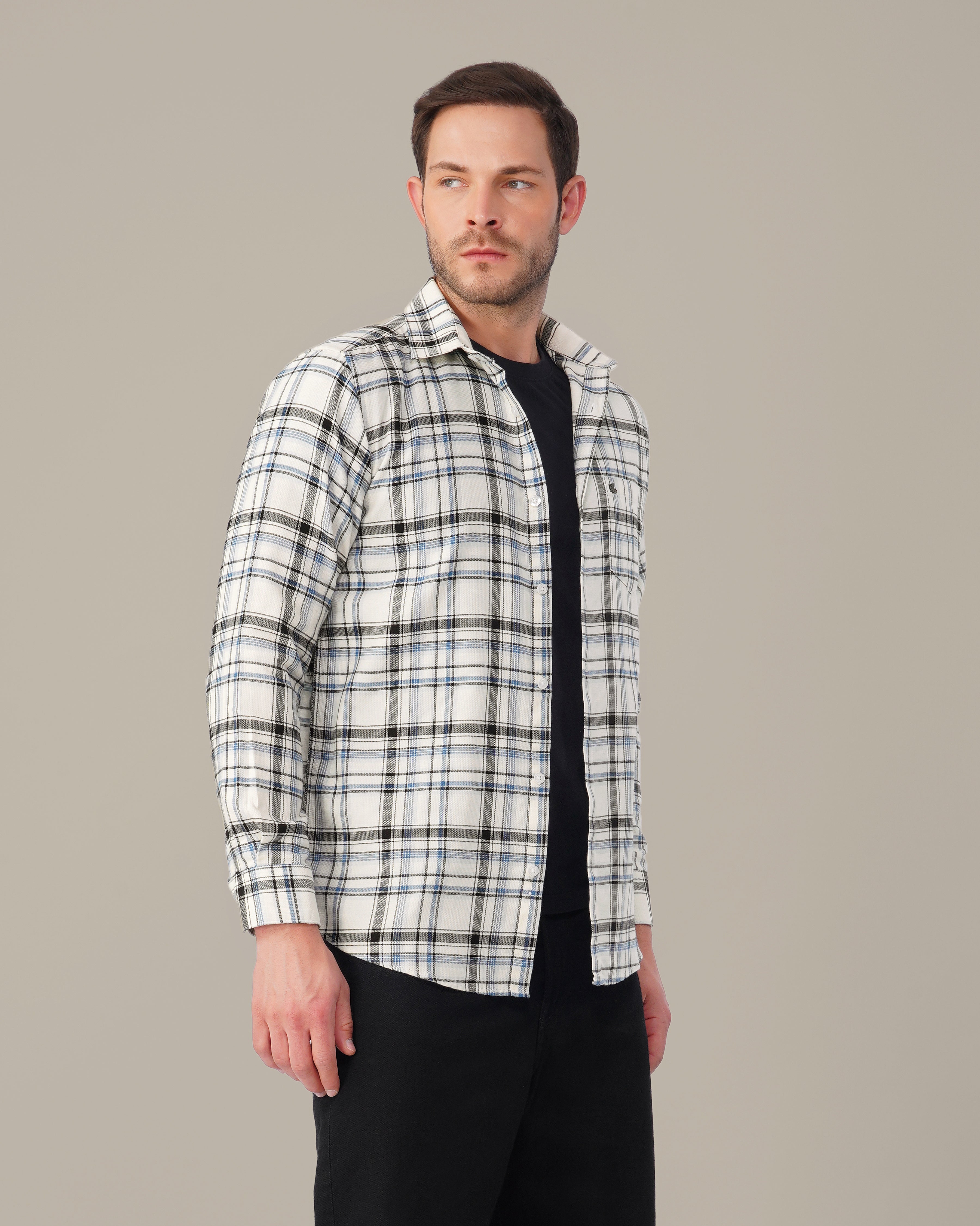 Navy and Black Plaid 100% Cotton Poplin Shirt
