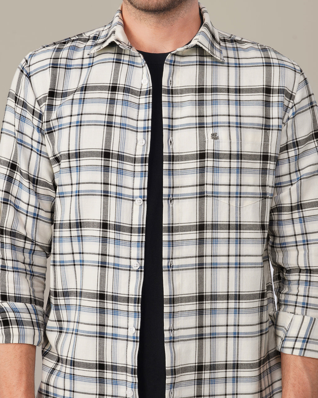 Navy and Black Plaid 100% Cotton Poplin Shirt