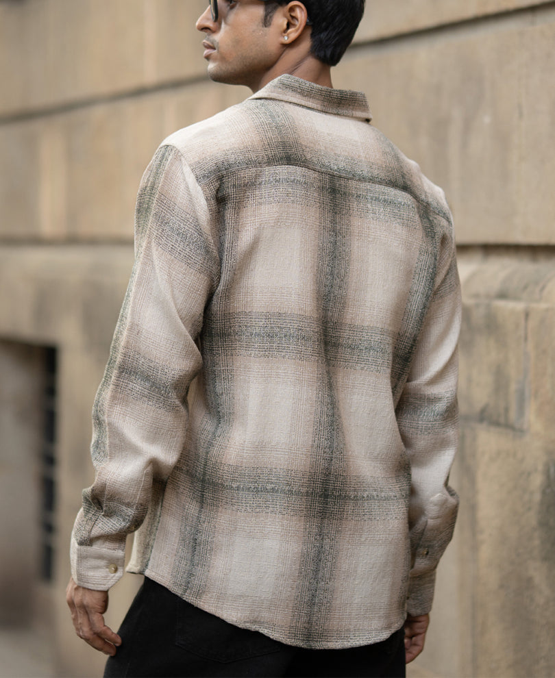 Beige Structured Checked Shirt 100% Cotton