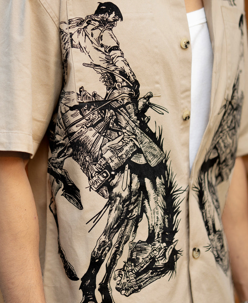 Beige Cowboy Print Boxy Shirt 100% Cotton