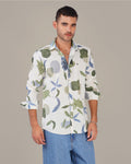 White Floral Print Soft Finish Slub Shirt