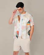 Pastel Multicolor Slub Poly/Linen Blend Short Sleeve Shirt