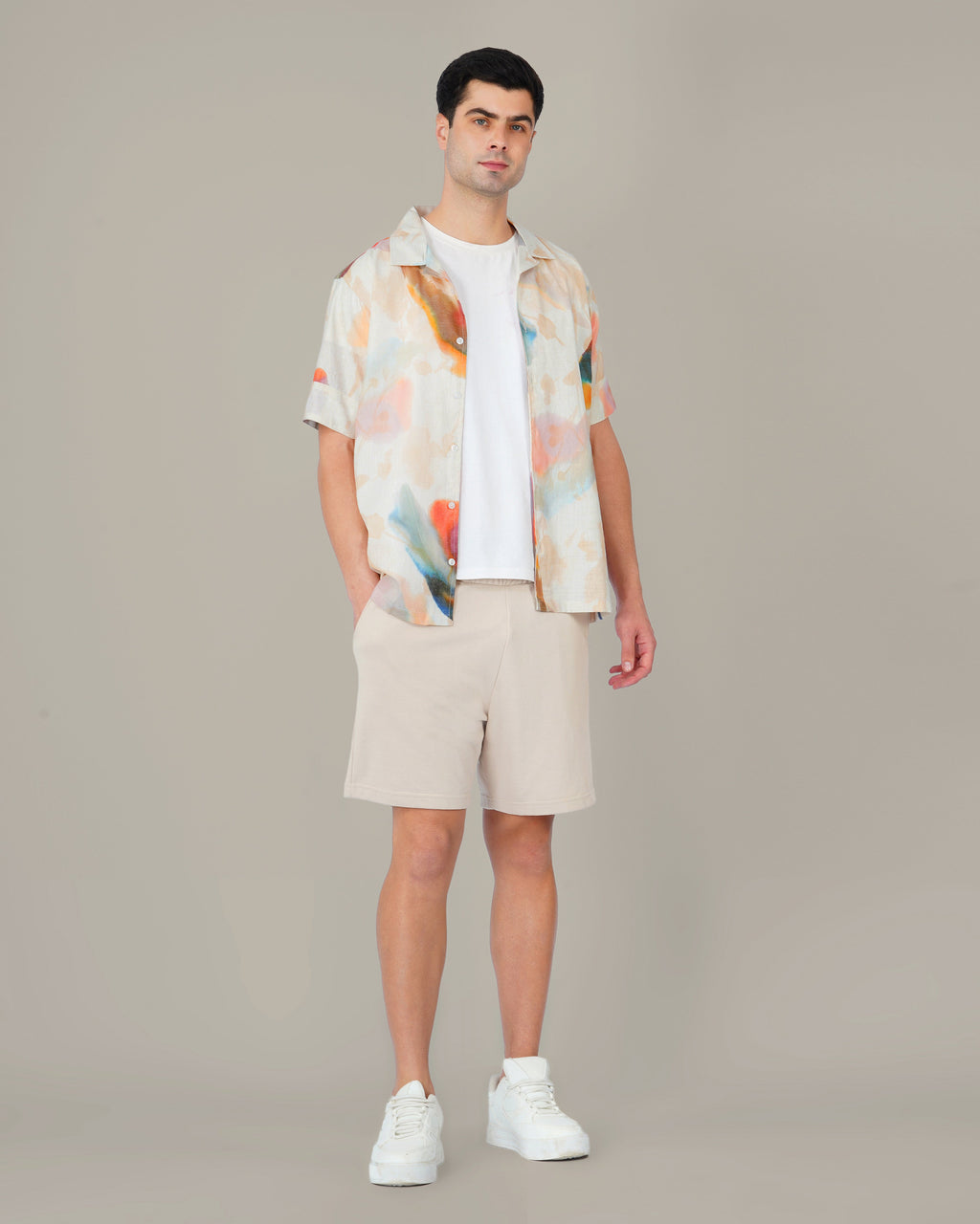 Pastel Multicolor Slub Poly/Linen Blend Short Sleeve Shirt
