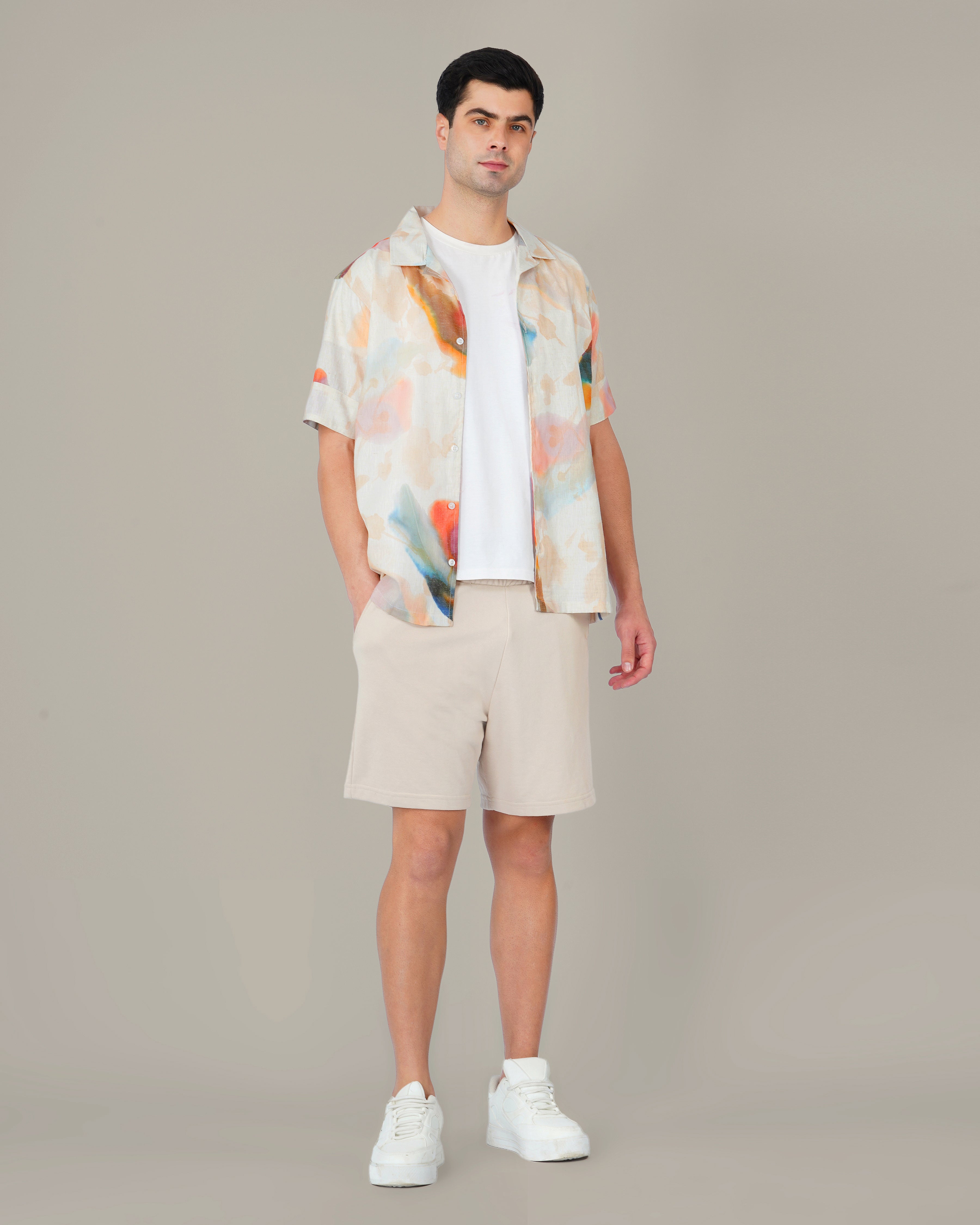 Pastel Multicolor Slub Poly/Linen Blend Short Sleeve Shirt