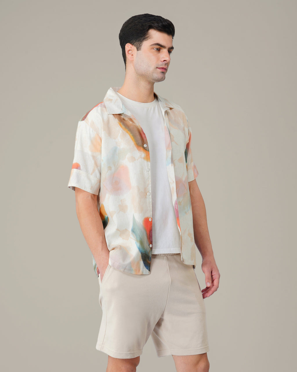 Pastel Multicolor Slub Poly/Linen Blend Short Sleeve Shirt