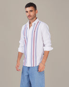 White Striped Cotton-Poly Blend Button-Up Shirt