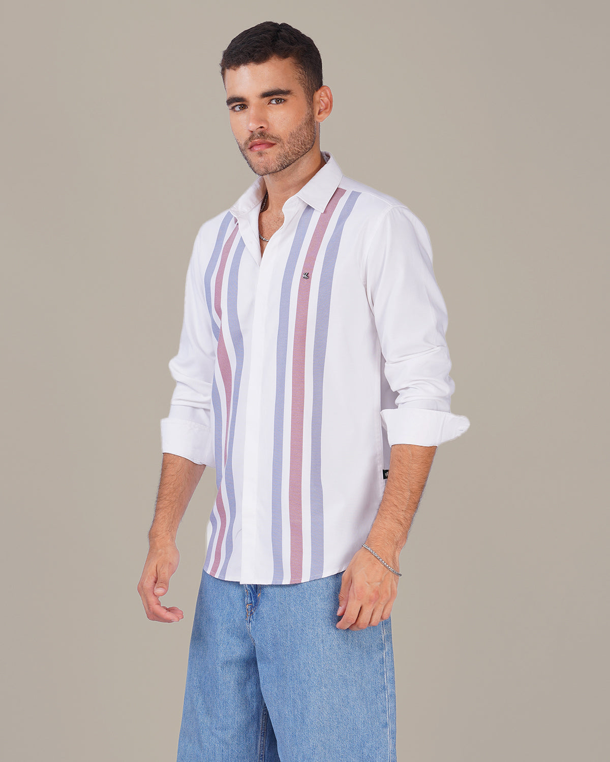 White Striped Cotton-Poly Blend Button-Up Shirt