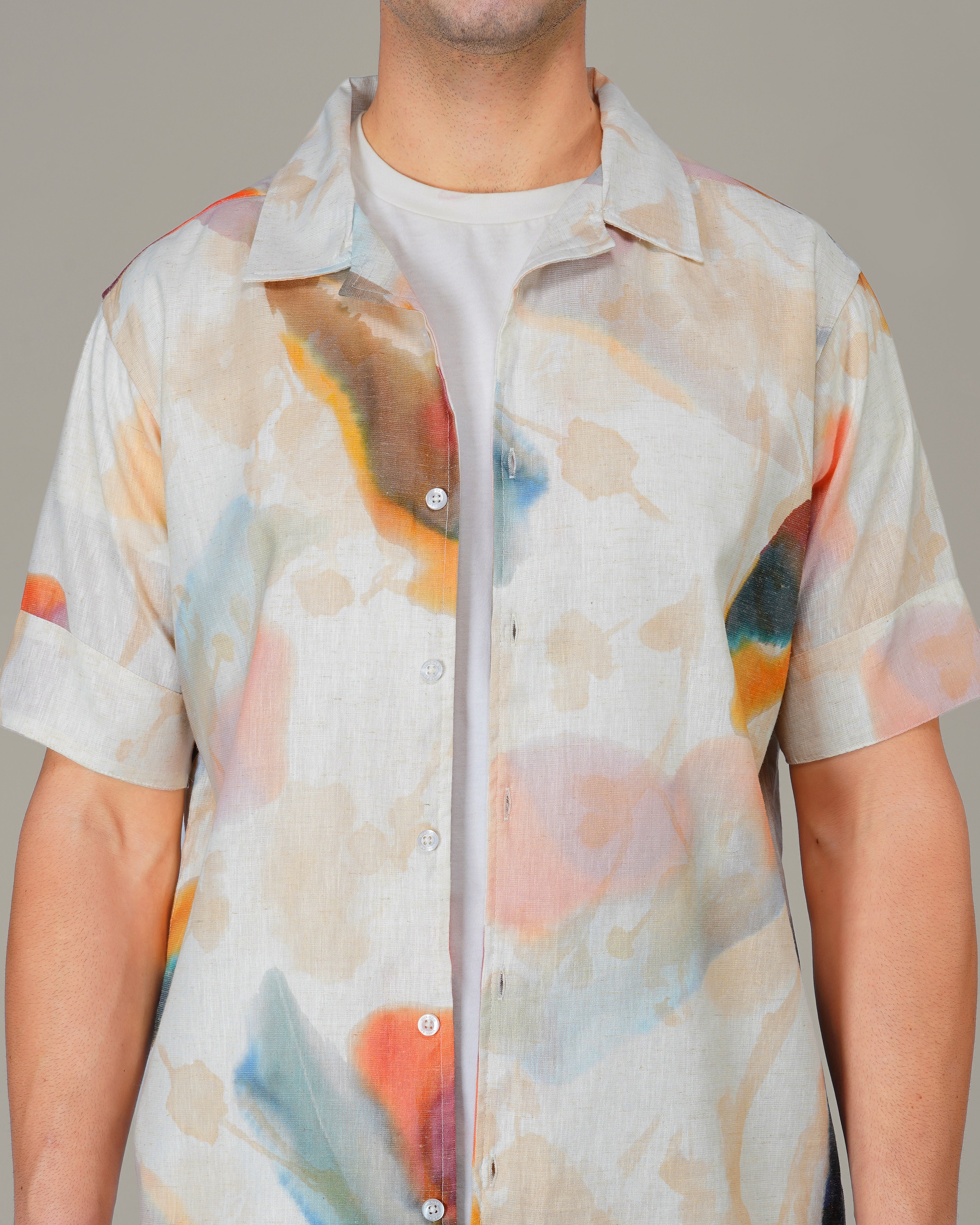Pastel Multicolor Slub Poly/Linen Blend Short Sleeve Shirt