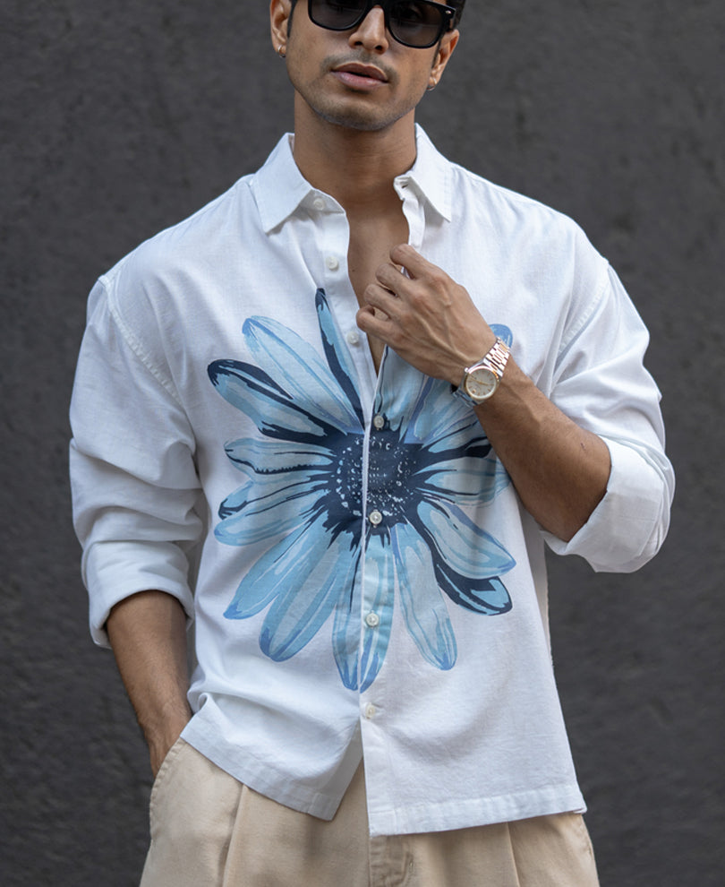 White Printed Boxy Lightweight Shirt 100% Cotton