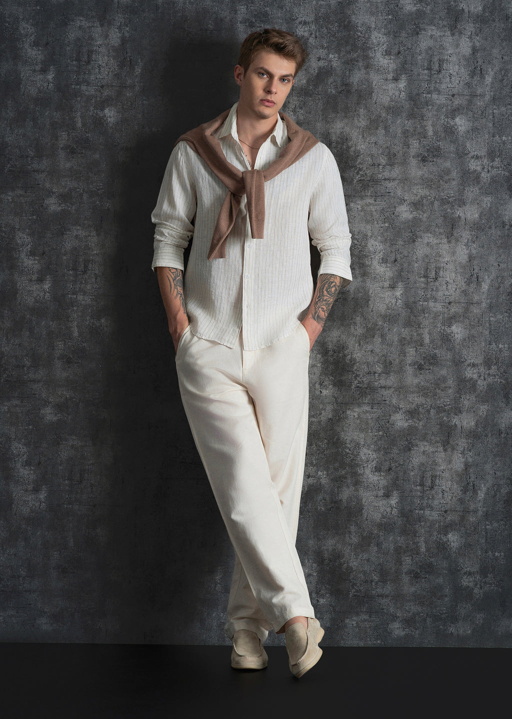100% Linen Off-White Dual Stripe Shirt