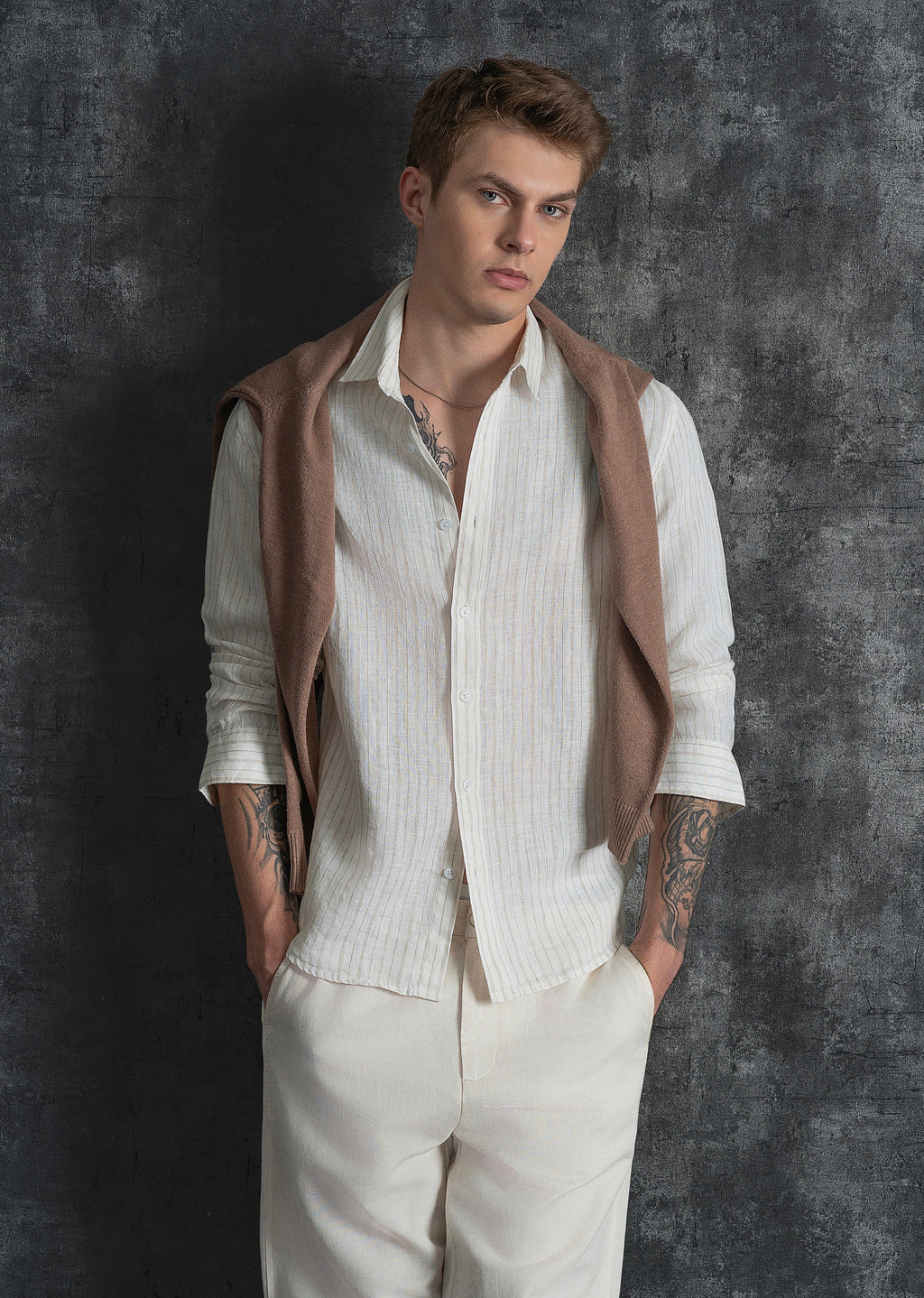 100% Linen Off-White Dual Stripe Shirt