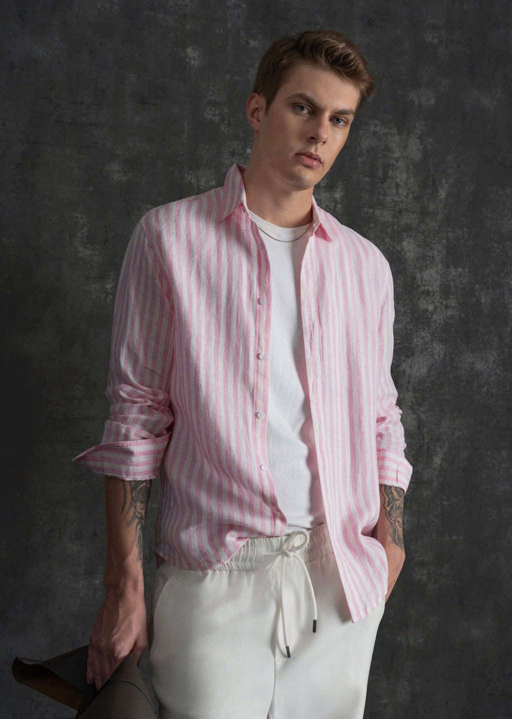 100% Linen Pink Stripe Shirt
