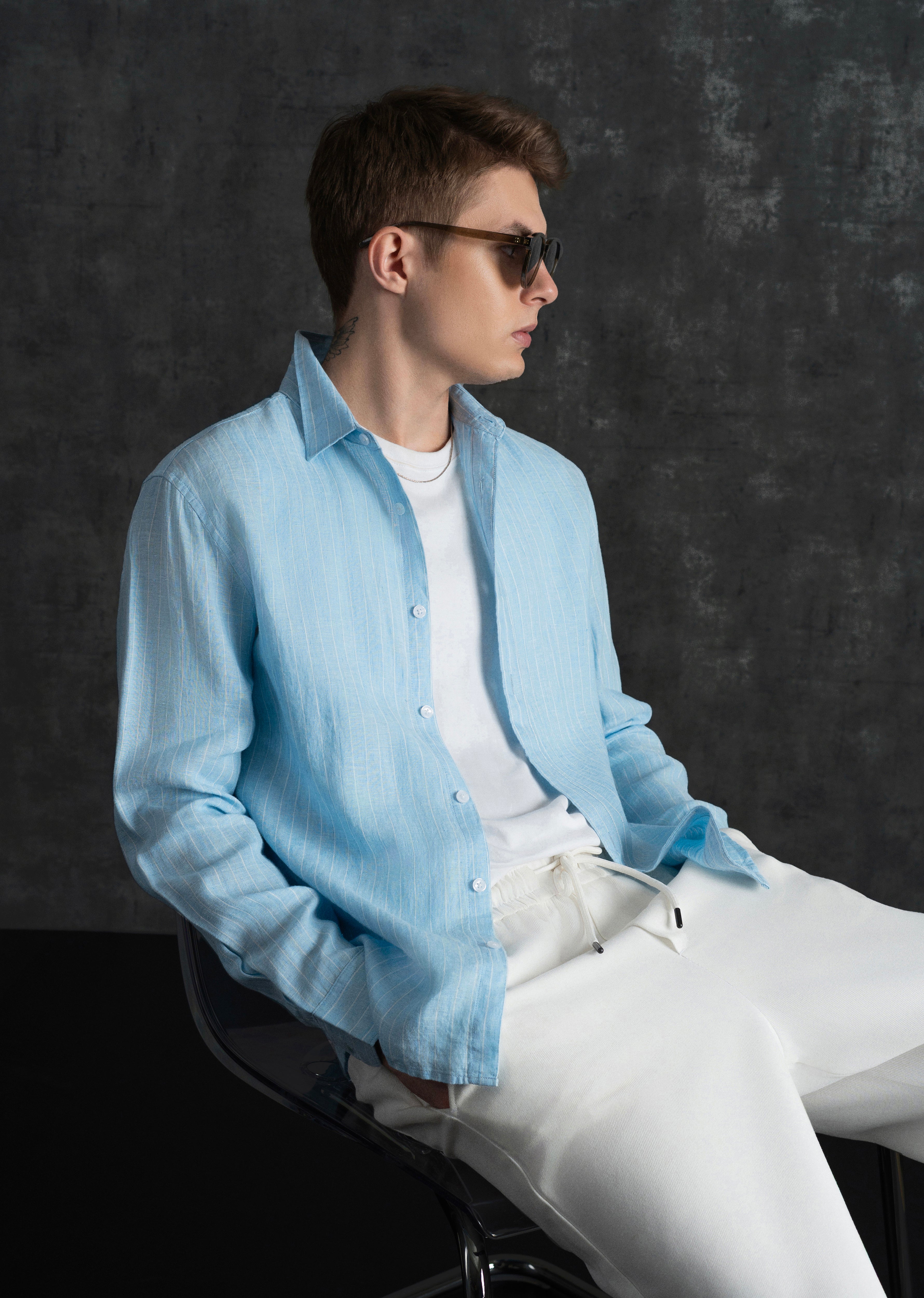 100% Linen Sky Blue Stripe Shirt