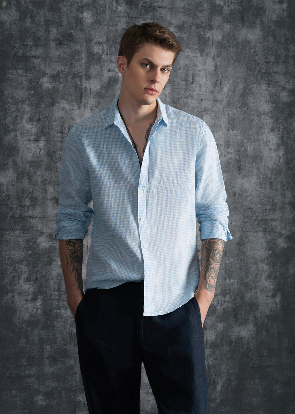 Blue 100% Pure Linen Gingham Check Shirt