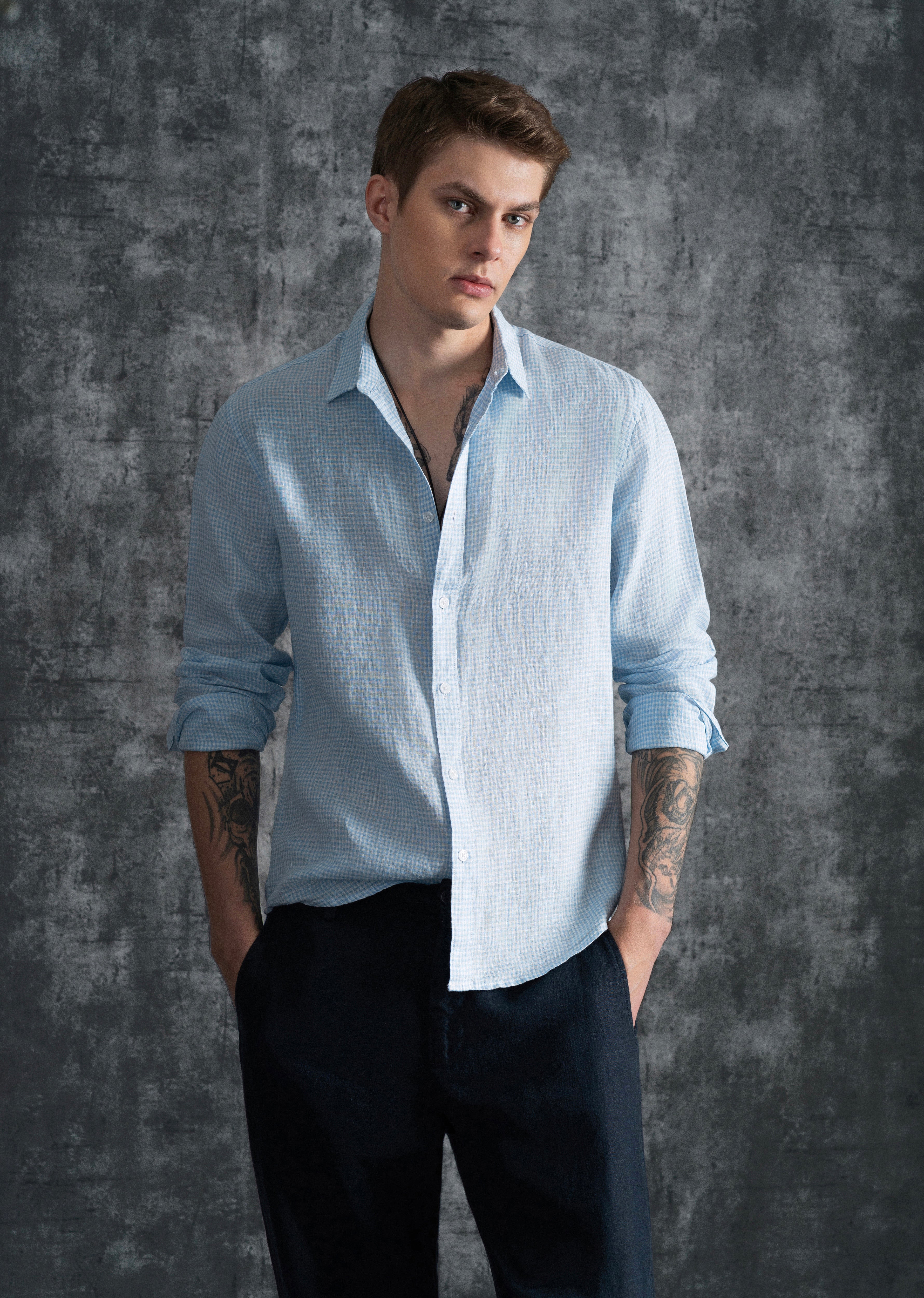 Blue 100% Pure Linen Gingham Check Shirt