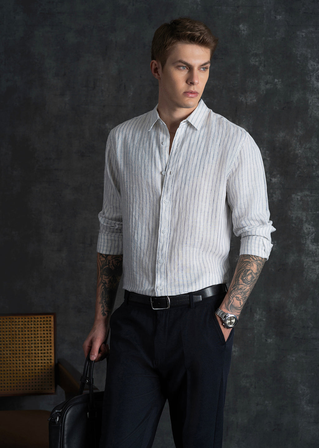 100% Linen Off-White Self-Stripe Shirt