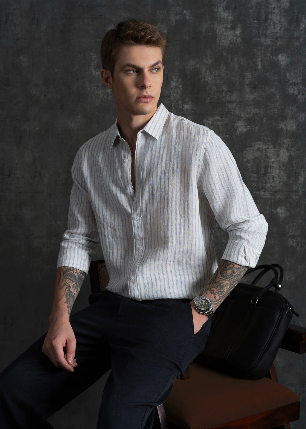 100% Linen Off-White Self-Stripe Shirt