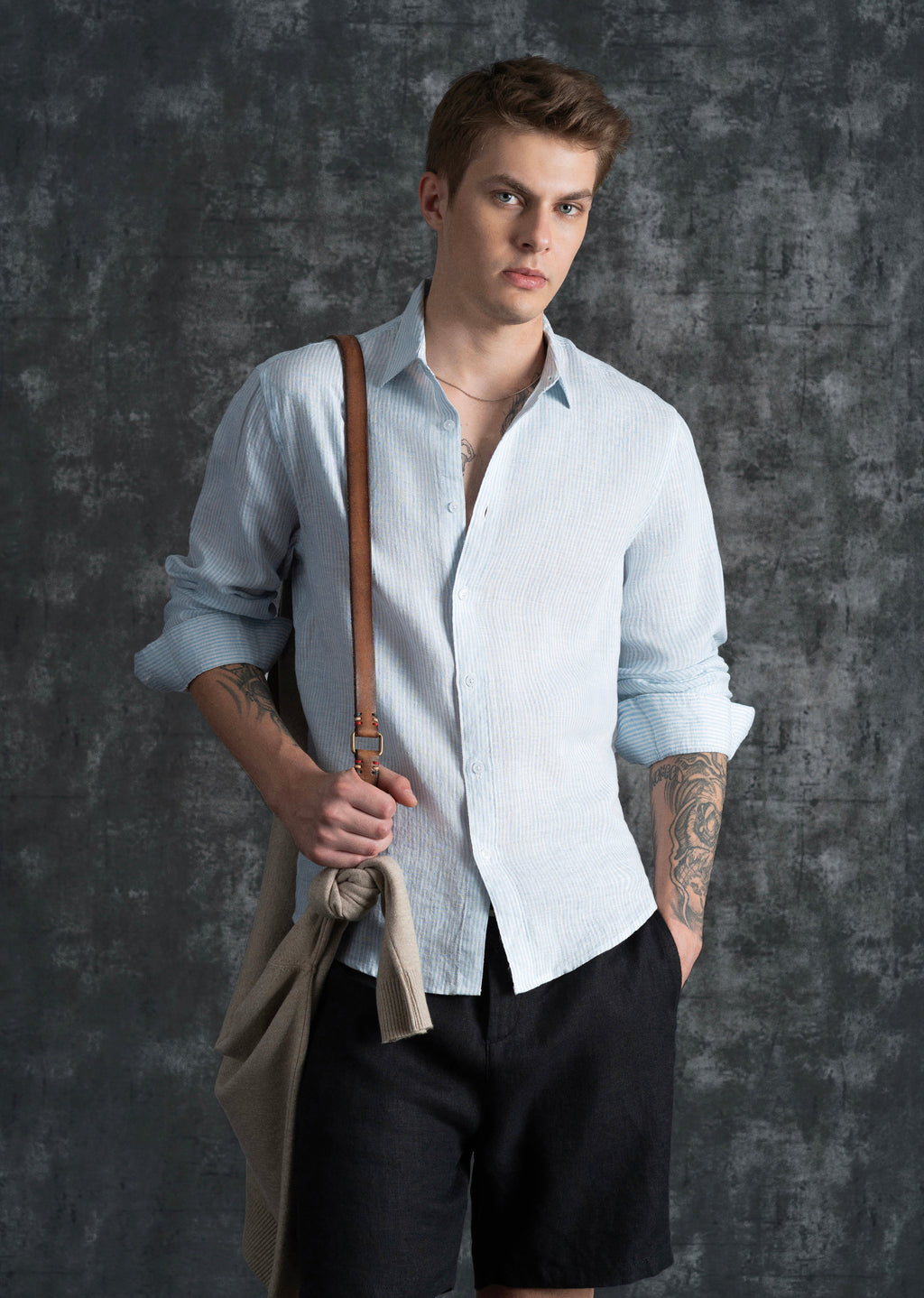 100% Linen Light Blue Self-Stripe Shirt