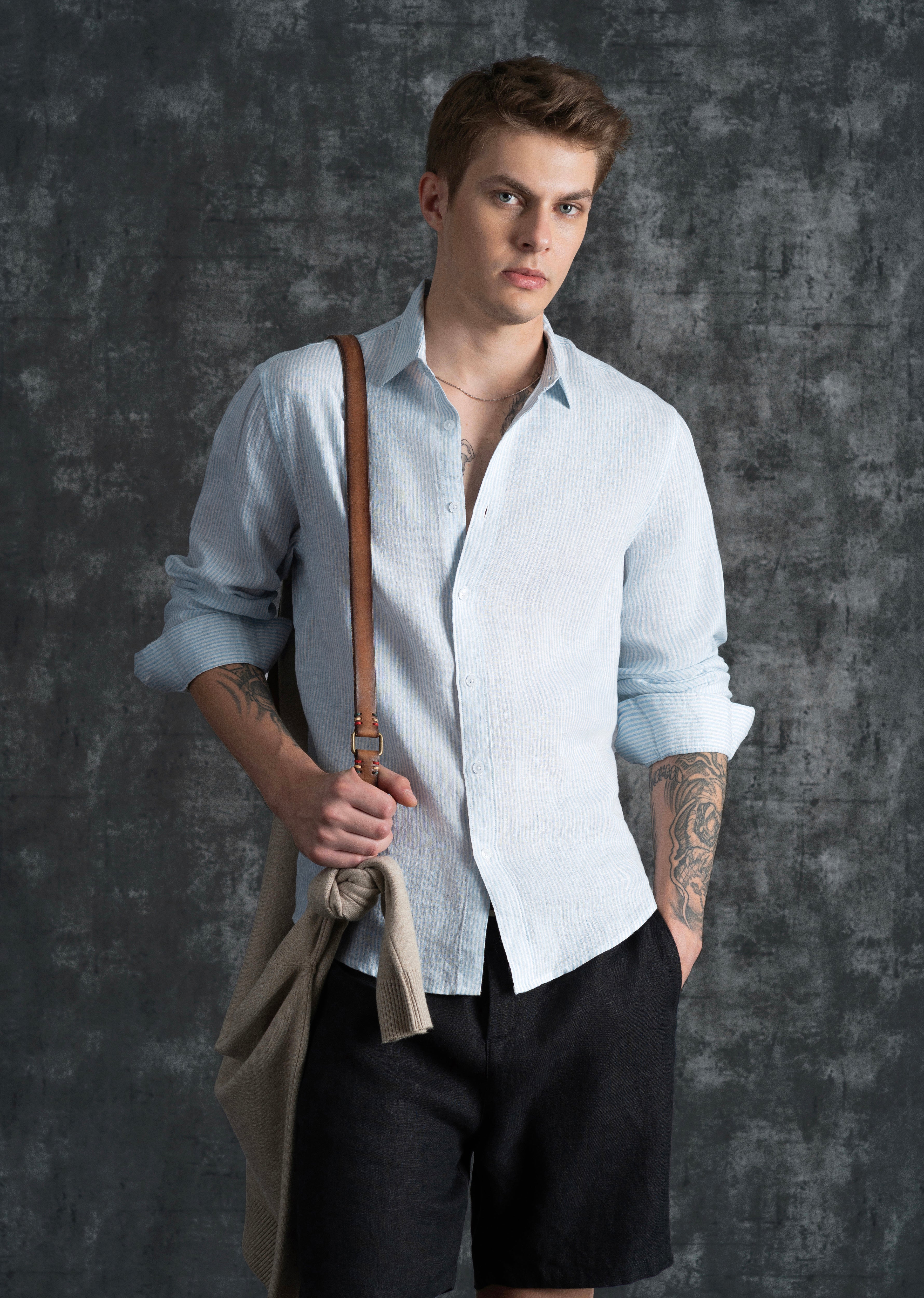 100% Linen Light Blue Self-Stripe Shirt