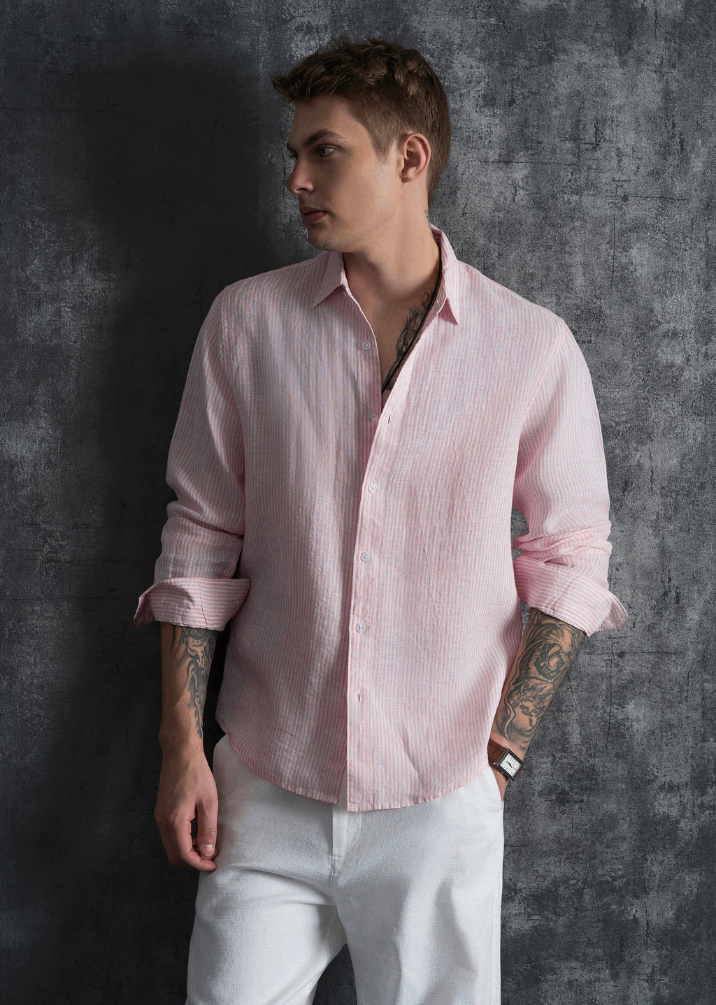 100% Linen Pink Self-Stripe Shirt