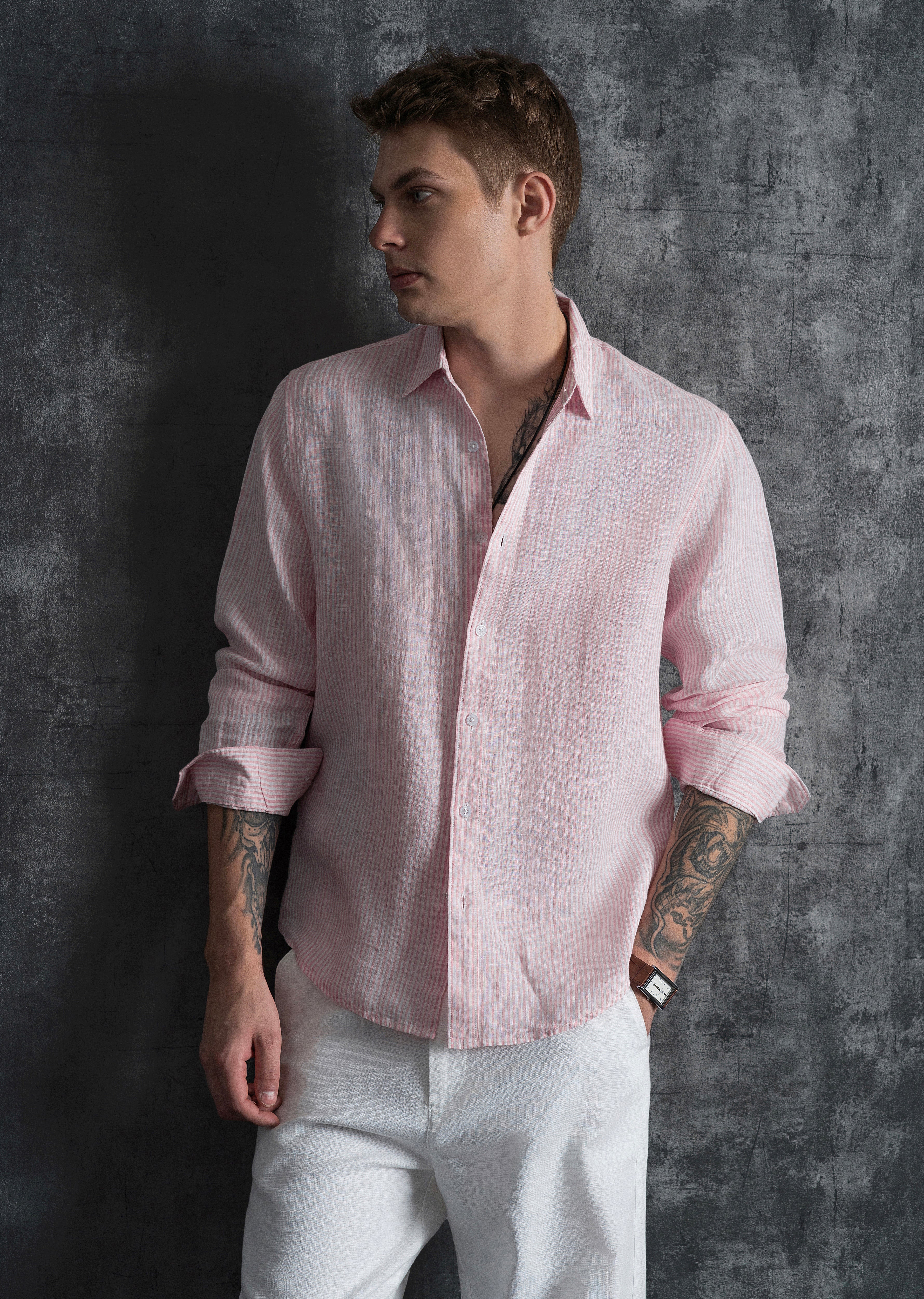 100% Linen Pink Self-Stripe Shirt