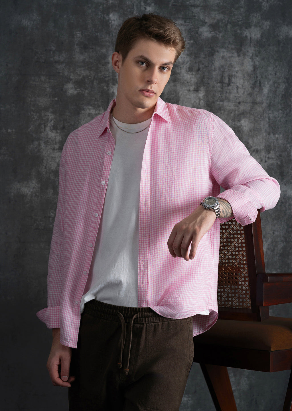 Pink 100% Pure Linen Gingham Check Shirt