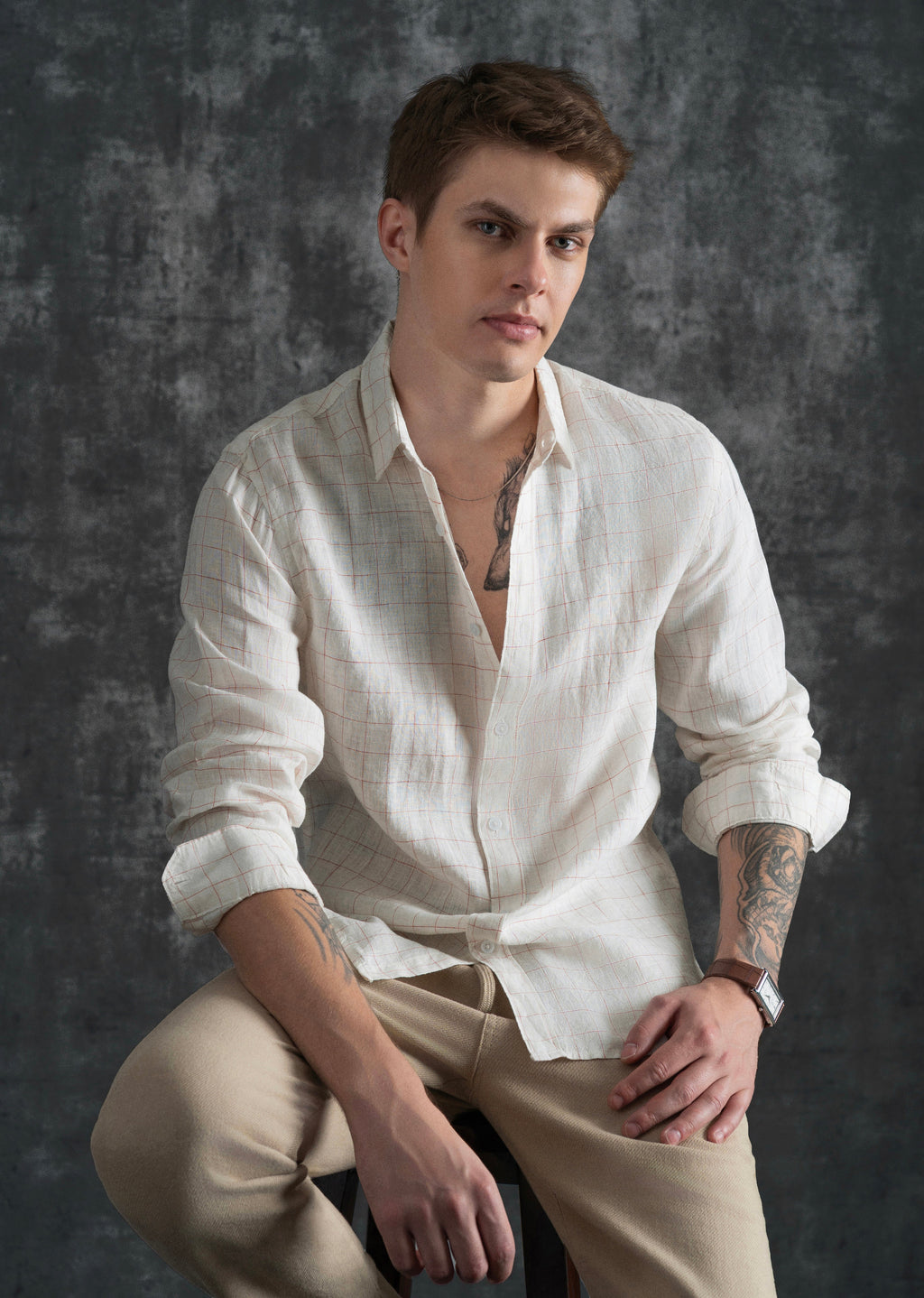 Ecru 100% Pure Linen Check Shirt