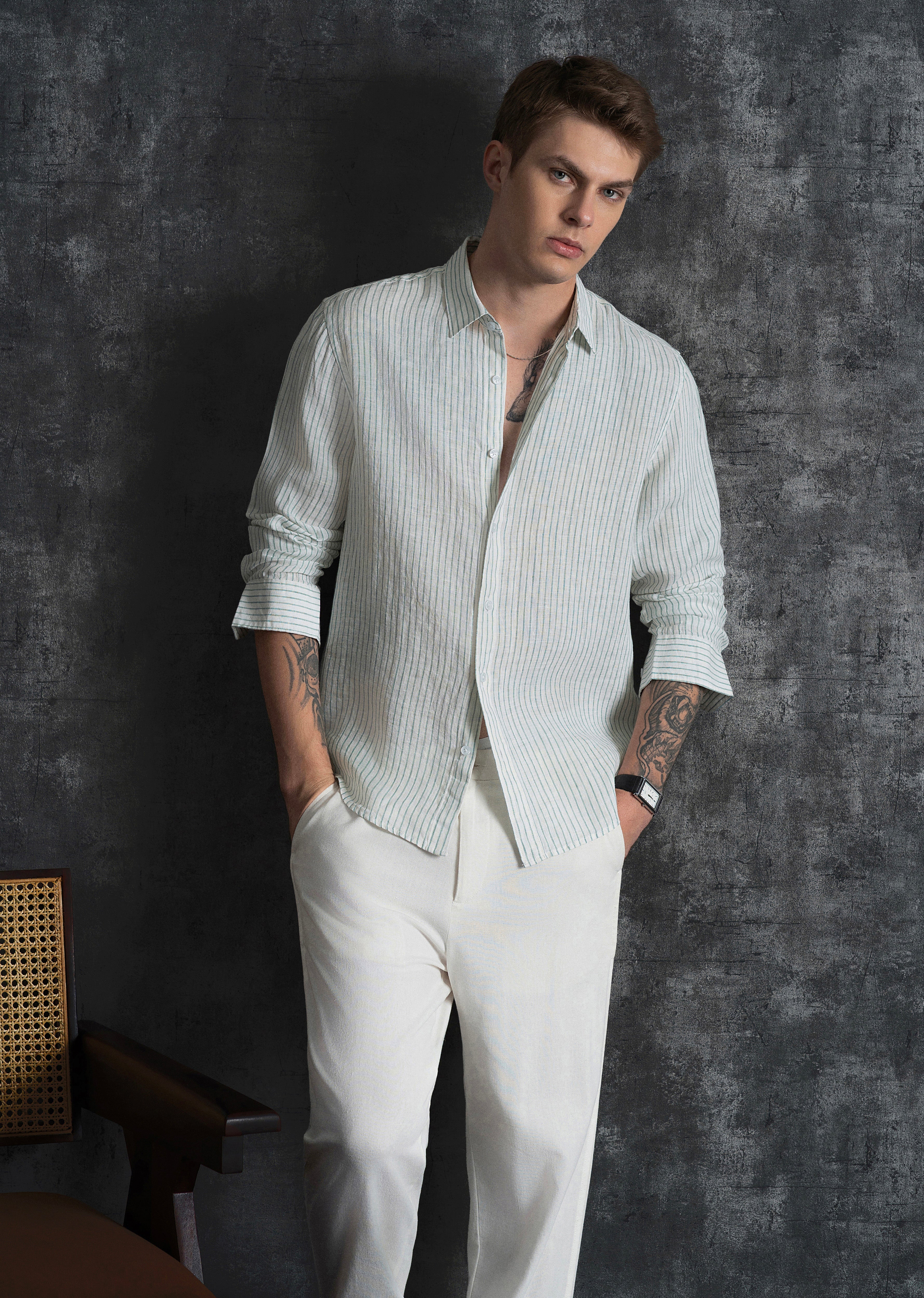 100% Linen Green Self-Stripe Shirt