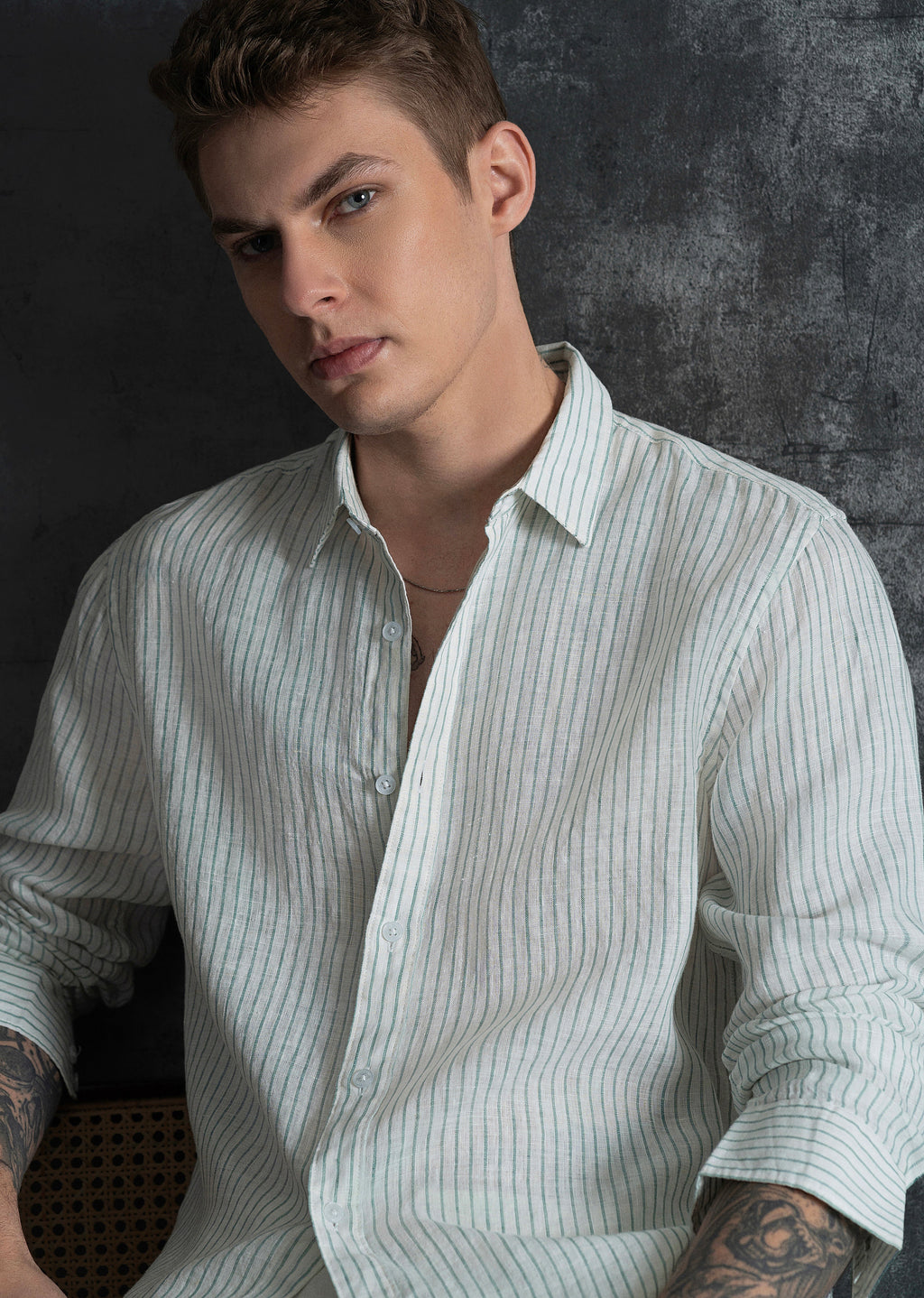 100% Linen Green Self-Stripe Shirt