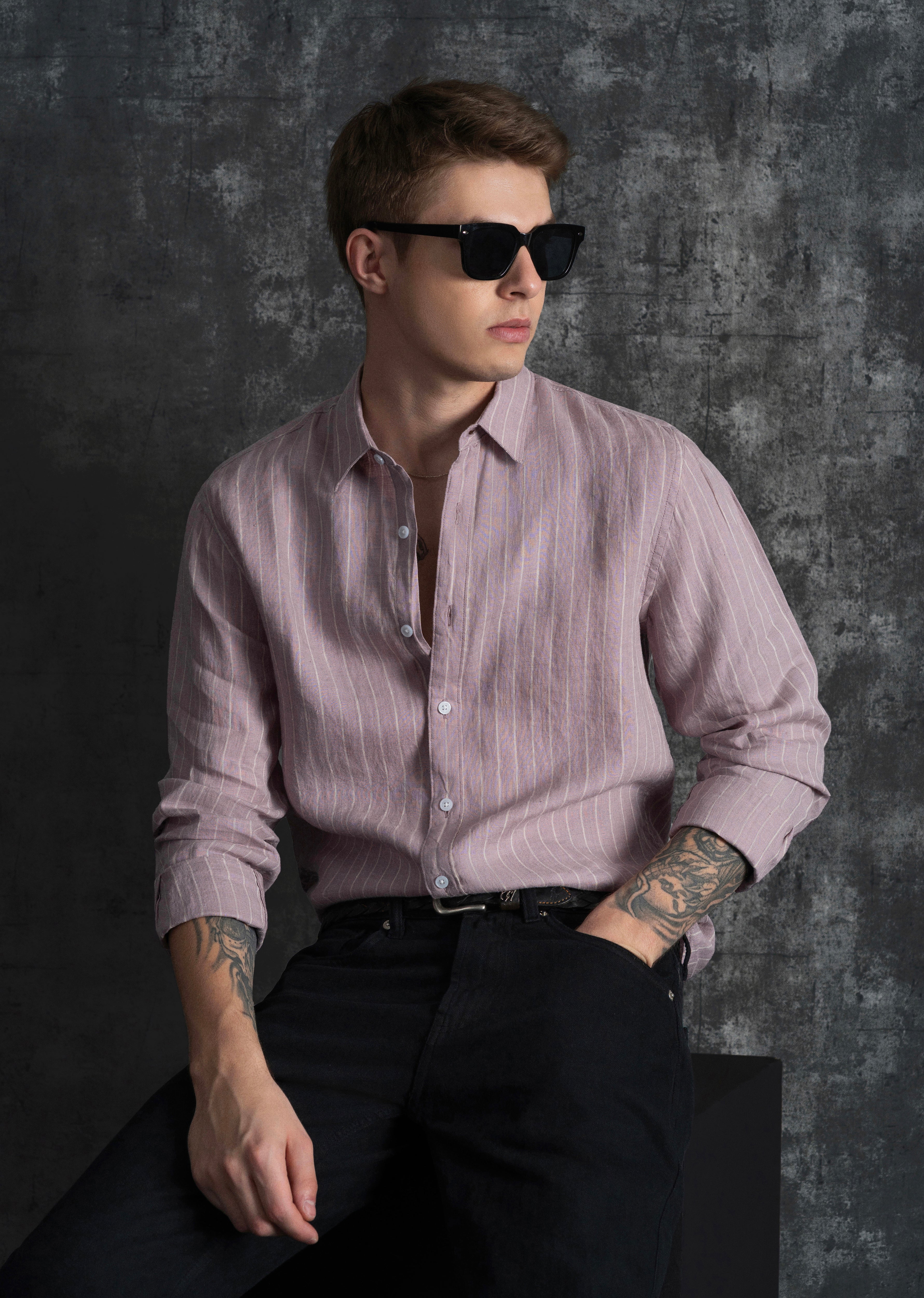 100% Linen Purple Vertical Stripe Shirt
