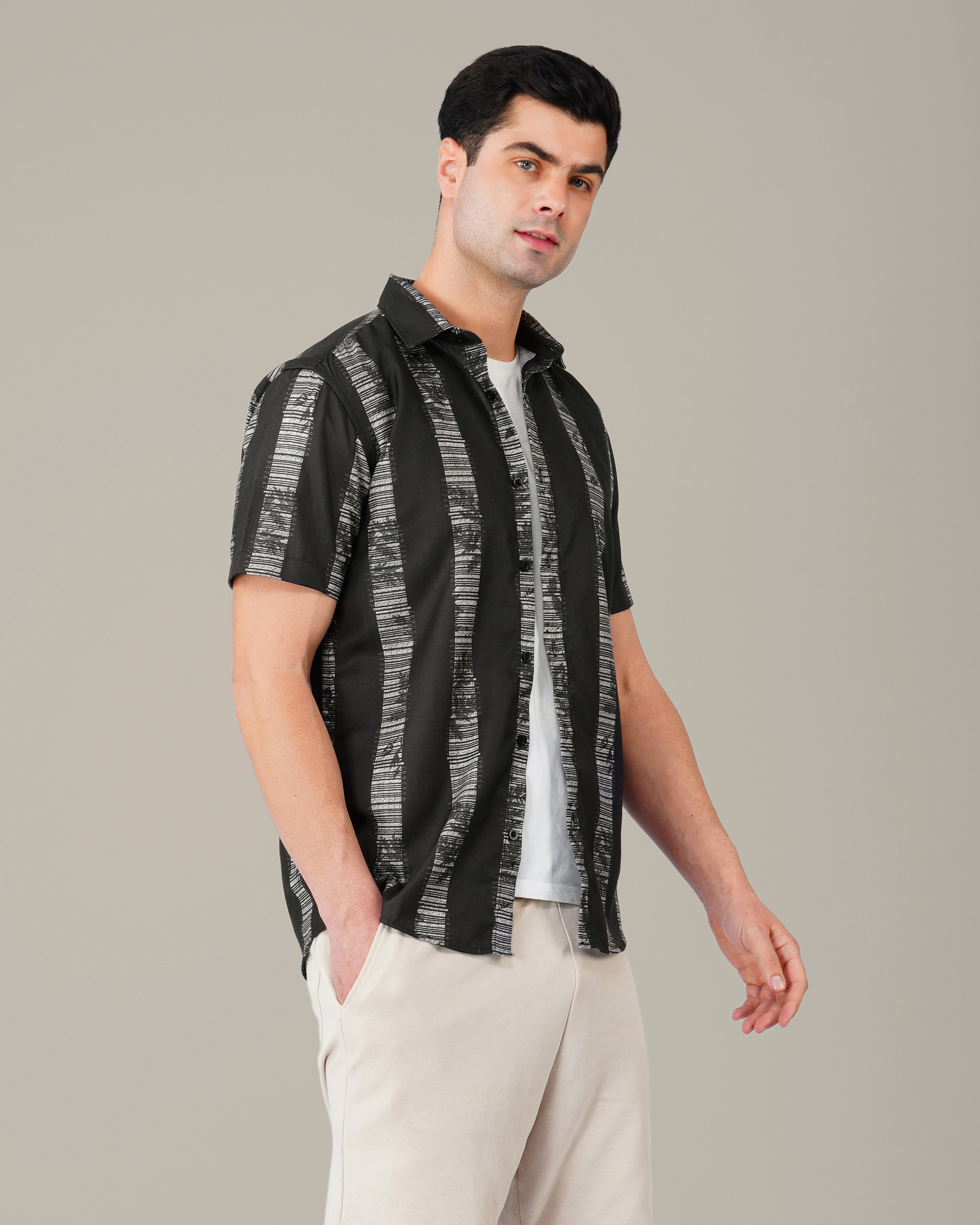 Black and White Striped 100% Polyester Button-Up Shirt