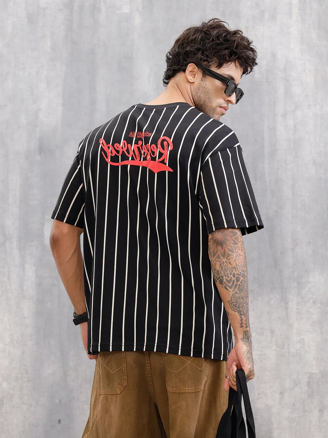 Striped Oversized Fit T-shirt With Puff Print | Black