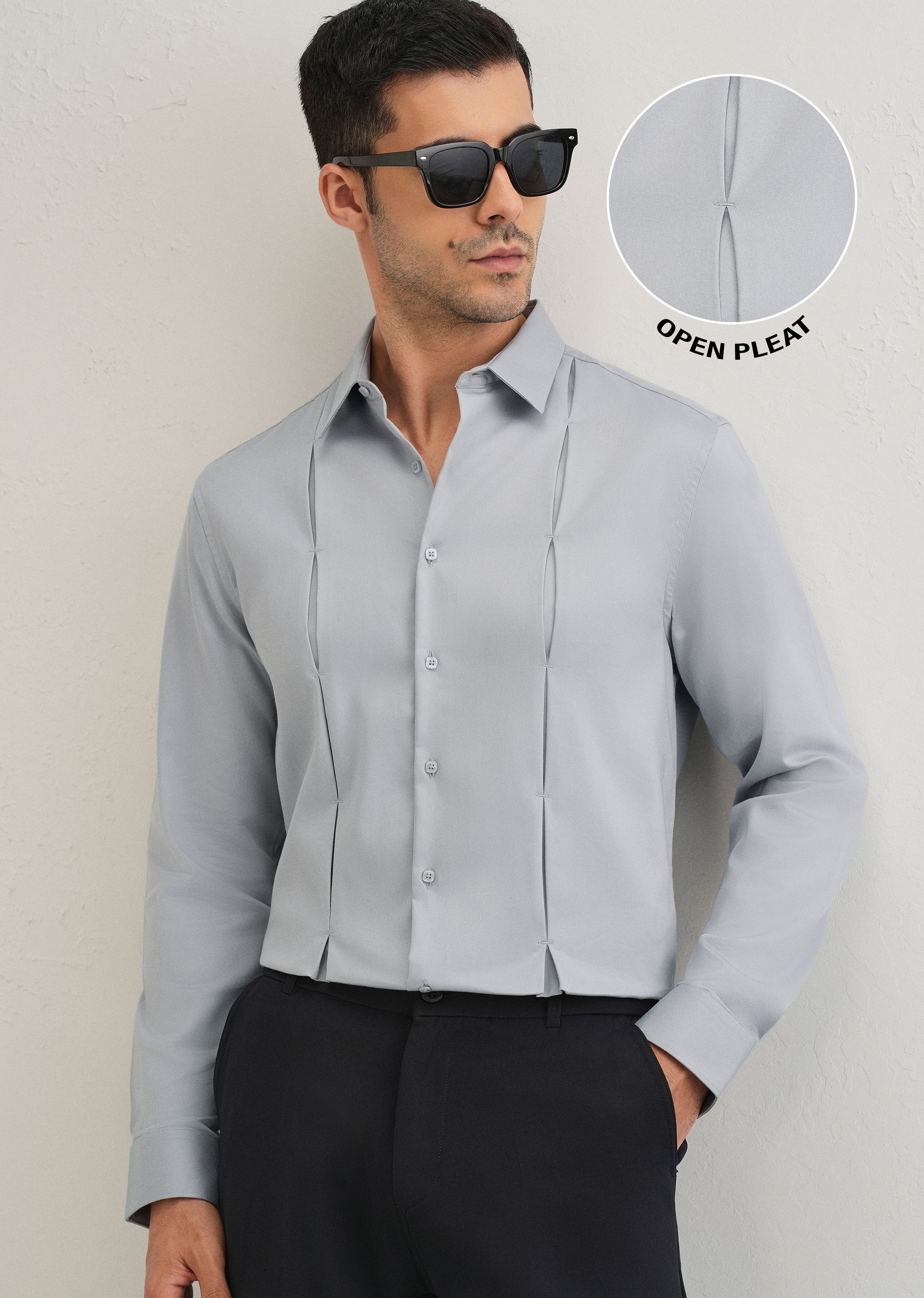 Ash Grey Front Panel Open Pleat Shirt