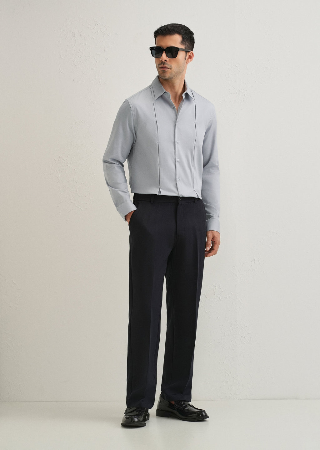 Ash Grey Front Panel Open Pleat Shirt