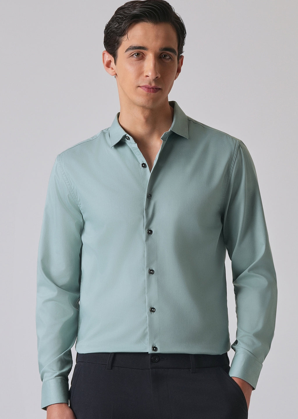 Ash Green Cotton Stretch Plain Shirt