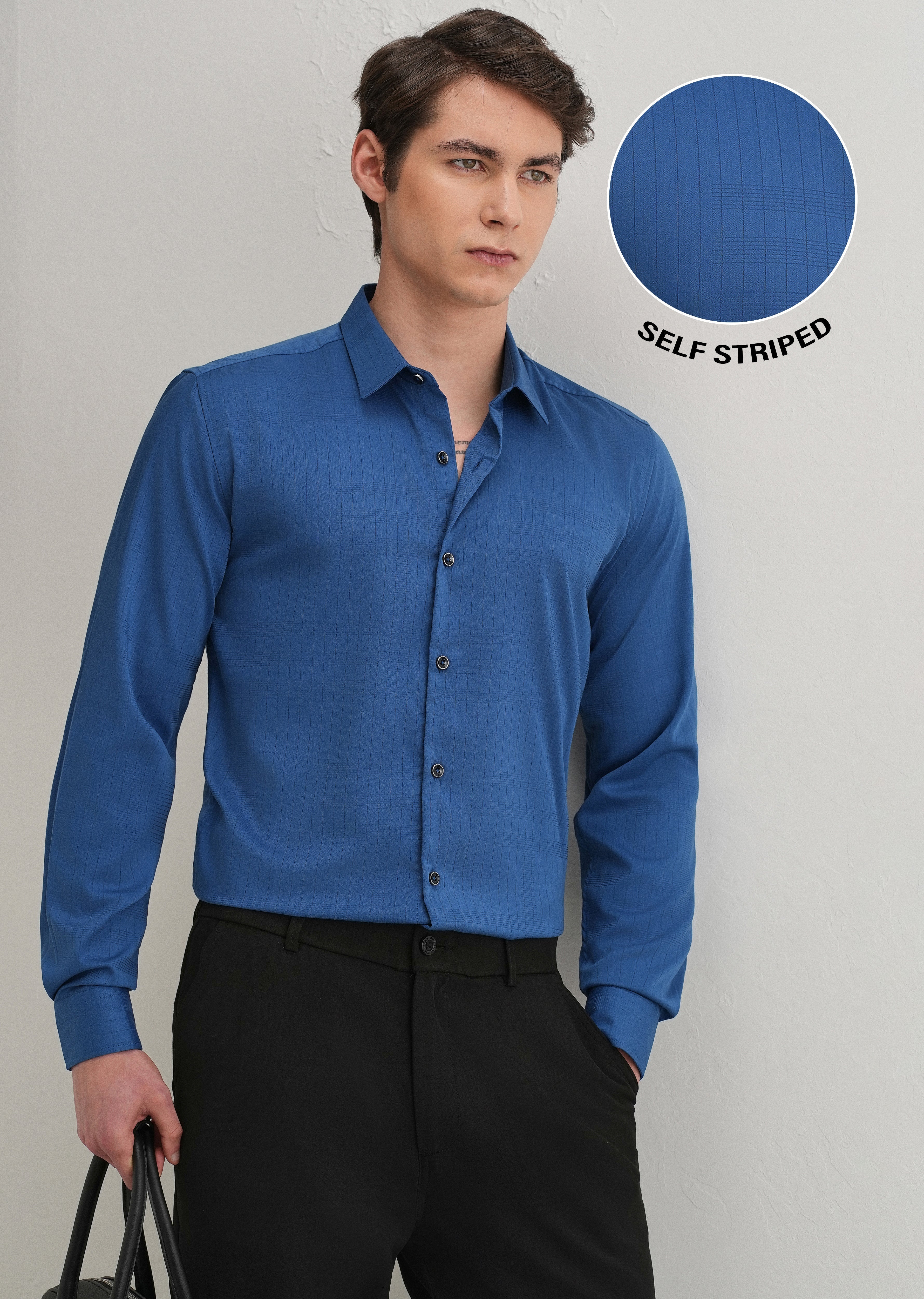 Azure Blue Self Striped Plain Shirt